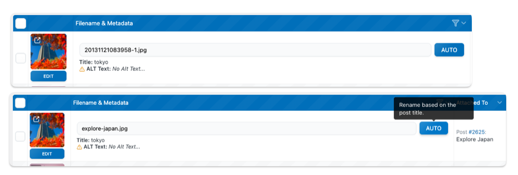 AUTOボタンのファイル名プレビュー